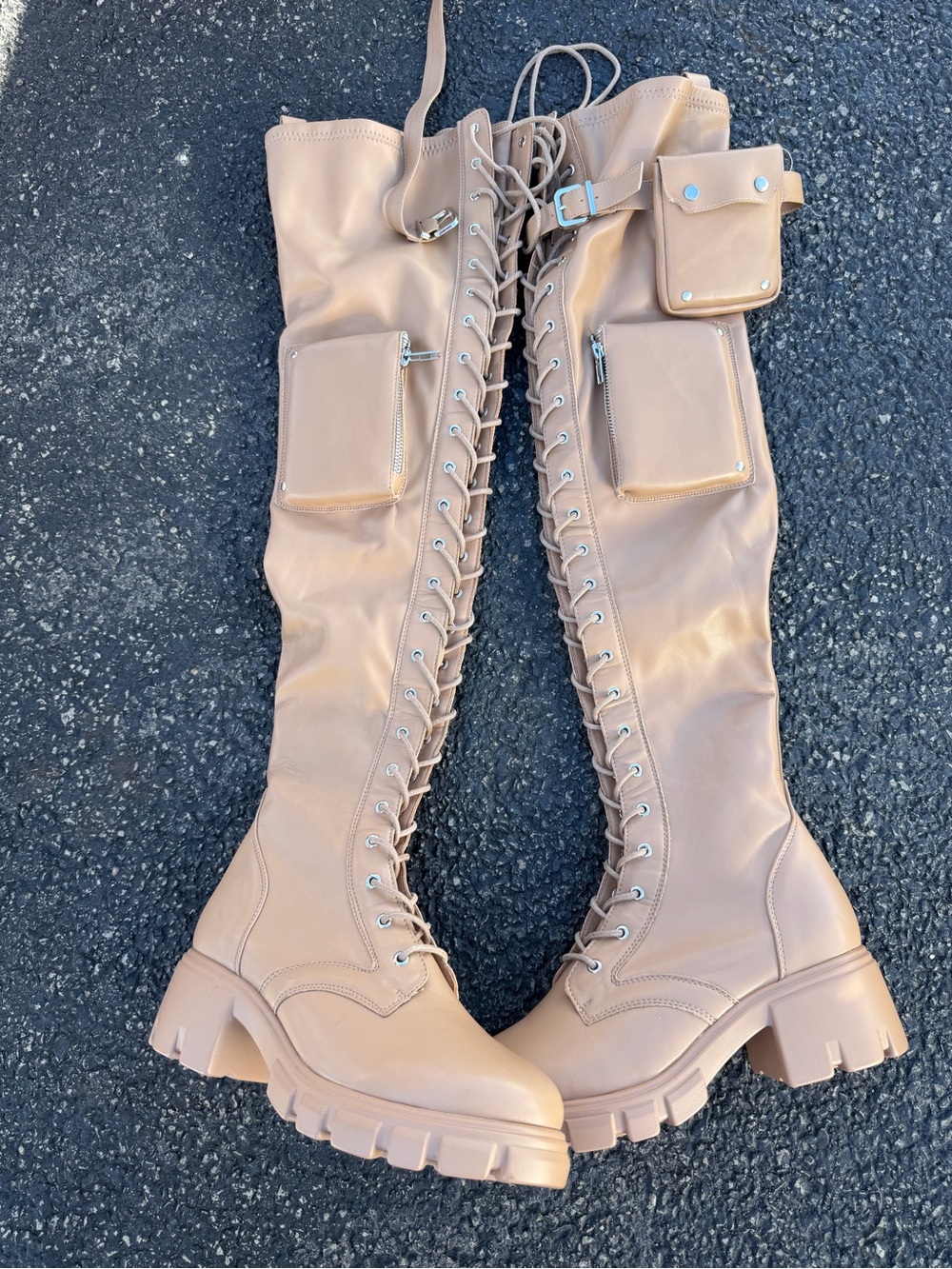 Shoe Dazzle Over-the-Knee Lace-Up Utility Boots in Nude
